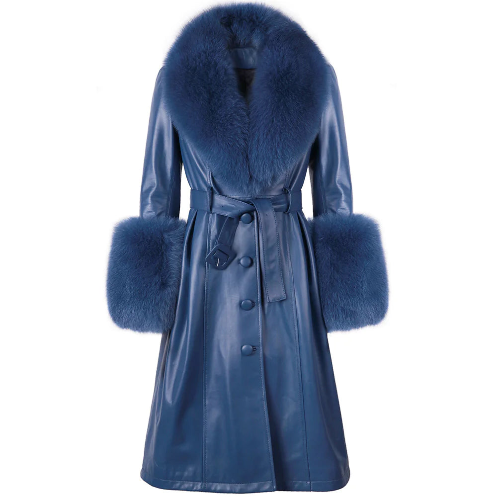 Slim-Fit Sheepskin Leather Coat with Fox Fur Collar