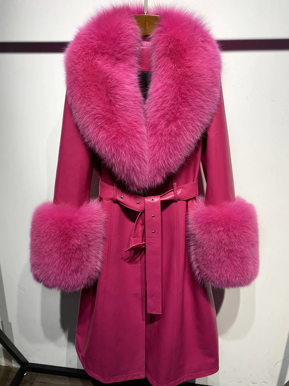 Slim-Fit Sheepskin Leather Coat with Fox Fur Collar