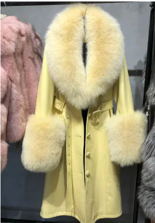 Slim-Fit Sheepskin Leather Coat with Fox Fur Collar