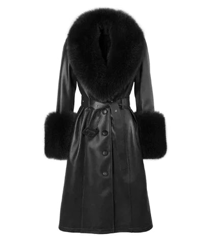 Slim-Fit Sheepskin Leather Coat with Fox Fur Collar