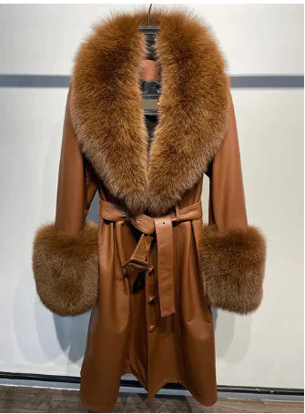 Slim-Fit Sheepskin Leather Coat with Fox Fur Collar