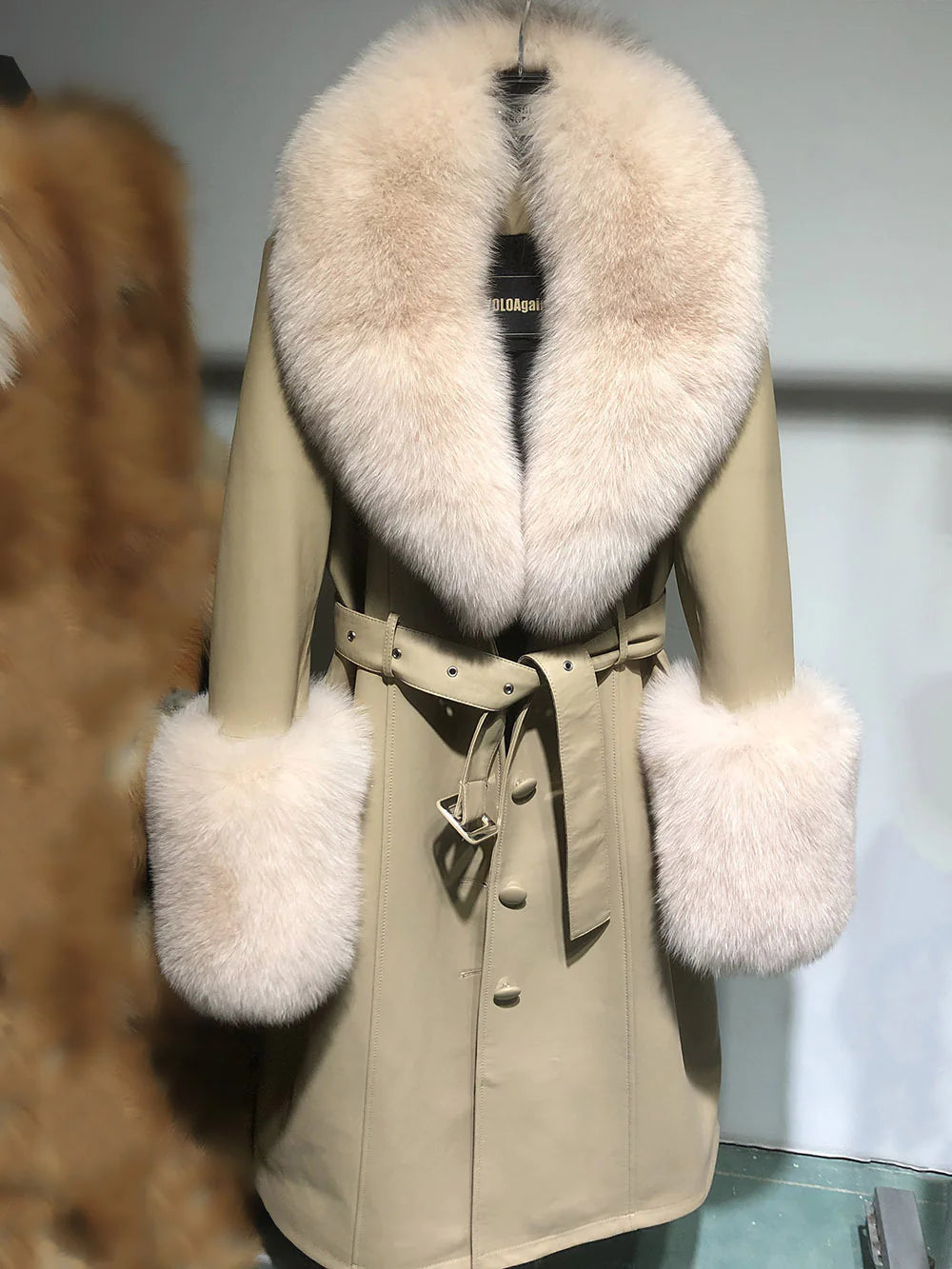 Slim-Fit Sheepskin Leather Coat with Fox Fur Collar