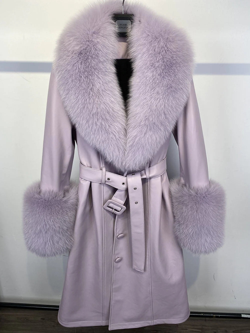 Slim-Fit Sheepskin Leather Coat with Fox Fur Collar